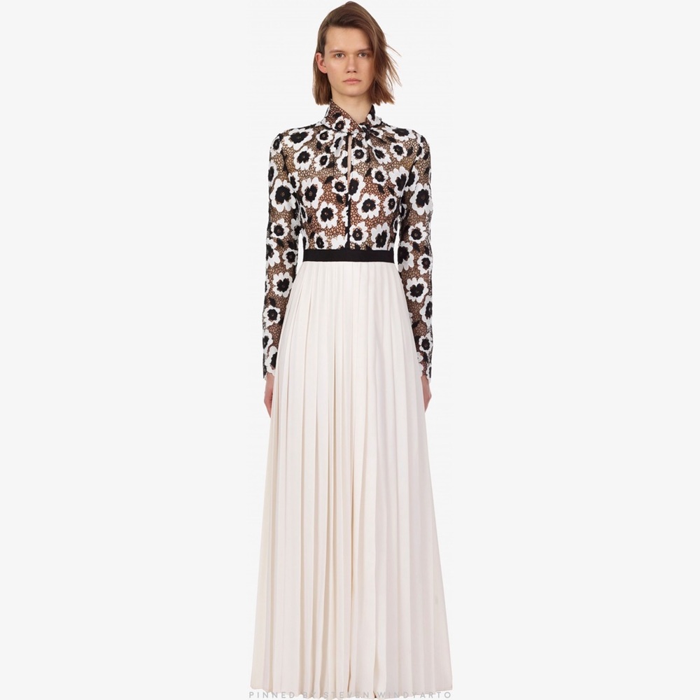 Self Portrait Pleated Abstract Floral Guipure Formal Maxi Dress
